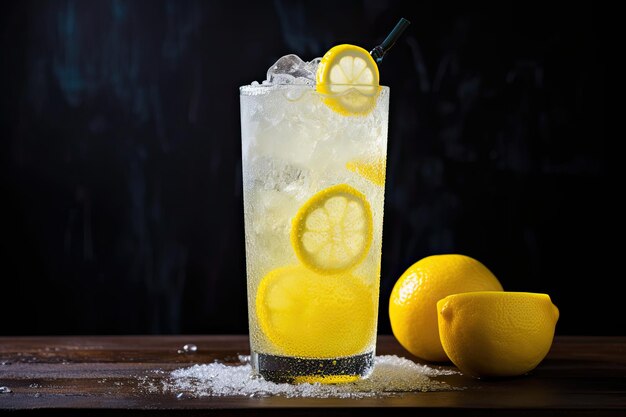 Limonata con ghiaccio e limoni freschi su uno sfondo scuro Soccorrere la sete con un rinfrescante ghiaccio al limone una bevanda estiva perfetta in un bicchiere alto con acqua frizzante AI generato