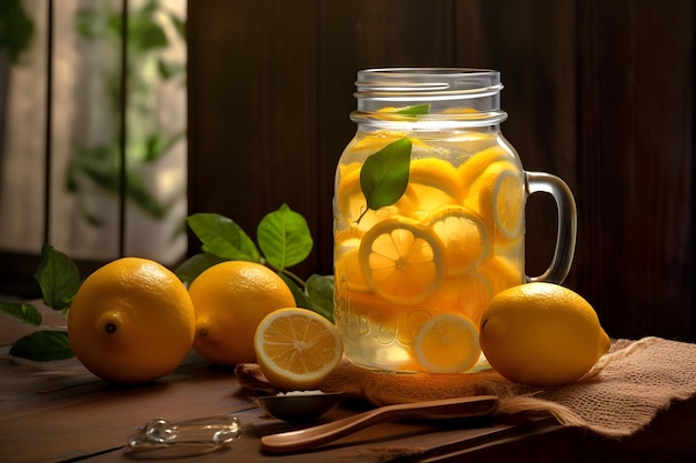 Limonata con limone e menta in un barattolo di vetro su fondo di legno