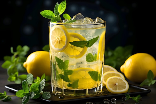 Limonata con menta e ghiaccio in un bicchiere su un tavolo di legno