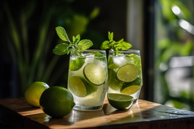 Limonata con menta lime e ghiaccio in un barattolo di vetro Generative AI