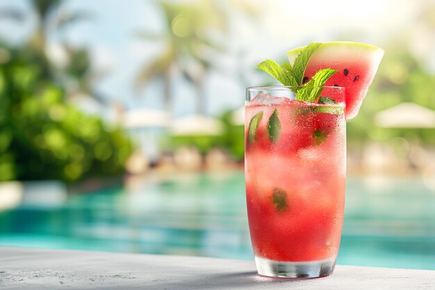 Limonata di anguria in un bicchiere su una superficie di cemento bianco contro di un hotel tropicale di lusso