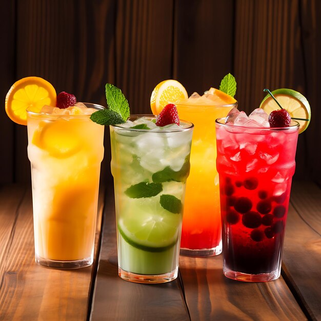 Limonata di frutta e bacche in bicchieri su uno sfondo di legno