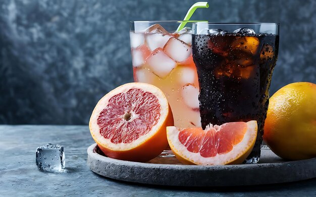 Limonata di pompelmo e bicchiere di cola con cubetti di ghiaccio e goccioline su uno sfondo grigio scuro su un vassoio di pietra tagliato frutta fresca da vicino