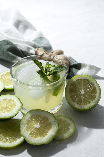 Limonata di vetro fatta in casa rinfrescante con ghiaccio e menta alla luce del sole