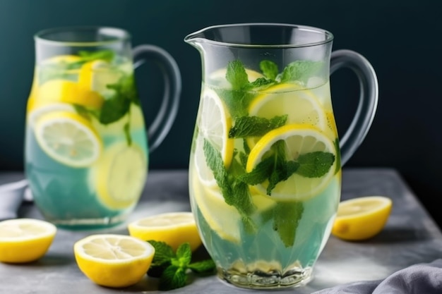 Limonata estiva rinfrescante con menta fresca e fette di limone create con ai generativi