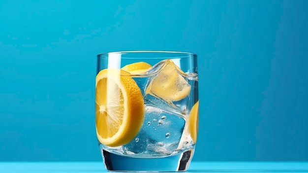 limonata fresca all'interno di un piccolo bicchiere con ghiaccio su sfondo blu acqua succo freddo cocktail colore AI generativo