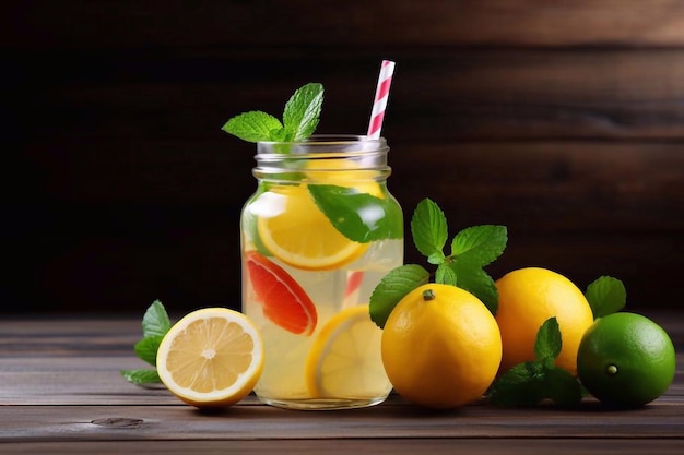 Limonata fresca e frutta su tavolo di legno grigio Spazio per il testo