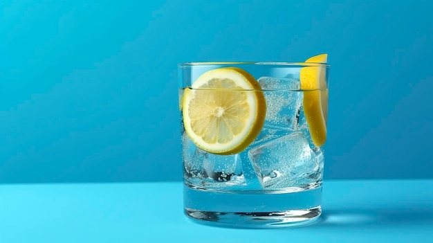 Limonata fresca fresca all'interno di un bicchierino con ghiaccio su sfondo blu acqua fredda succo cocktail colore AI Generativo