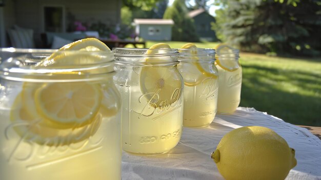 Limonata fresca in barattoli di muratore con fette di limone su una tovaglia bianca con un cuneo di limone sul lato