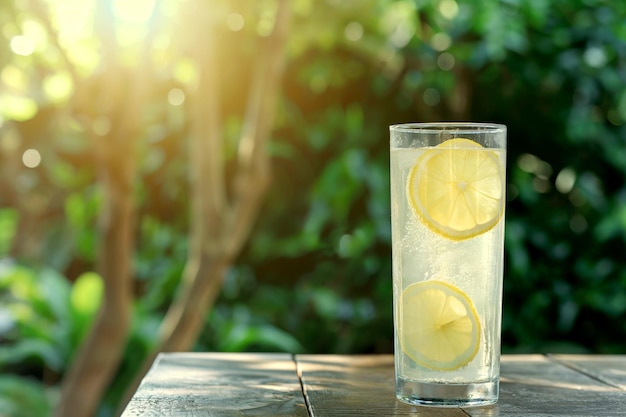 Limonata in un bicchiere su un tavolo di legno sullo sfondo di alberi verdi