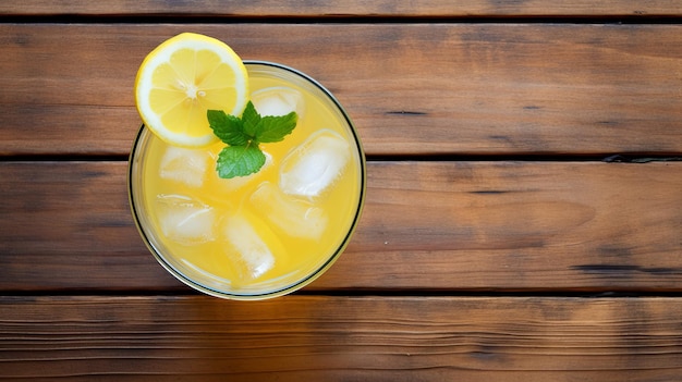 Limonata Rinfrescante Con Ghiaccio E Foglie Di Menta Sul Tavolo Di Legno