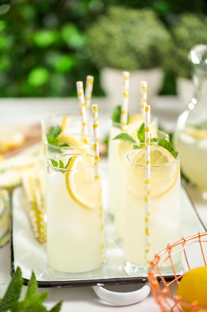 Limonata tradizionale con una fetta di limone fresco e menta con cannuccia di carta nel bicchiere.