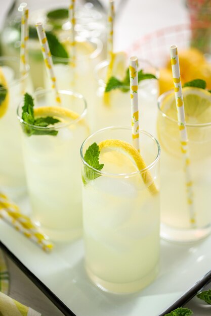 Limonata tradizionale con una fetta di limone fresco e menta con cannuccia di carta nel bicchiere.