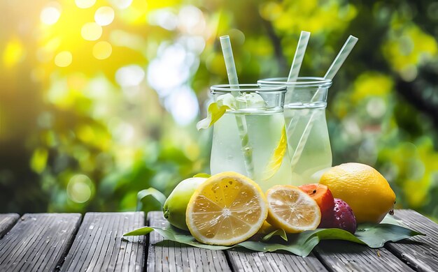 Limonate sul tavolo della terrazza primaverile estiva con frutta biologica su foglie bokeh alla luce del giorno