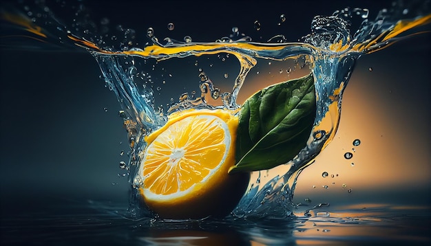 Limone con foglia verde in spruzzi d'acqua su sfondo scuro ai generativo