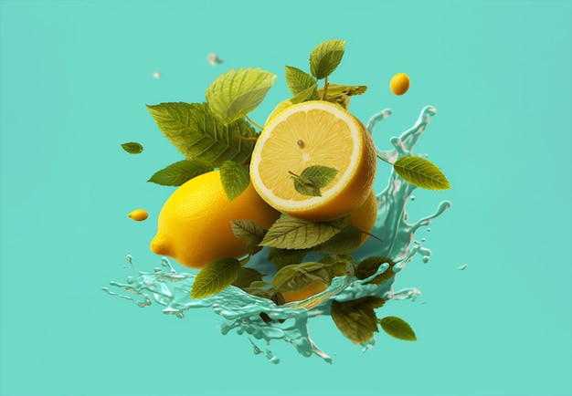 Limone con spruzzi d'acqua o esplosione che vola in aria su sfondo blu