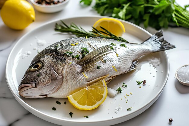 Limone dorado e sale su un piatto bianco su un tavolo da cucina in marmo bianco cucina mediterranea