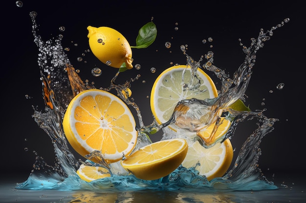 Limone fresco che vola sulla superficie dell'acqua con forti spruzzi di gocce d'acqua