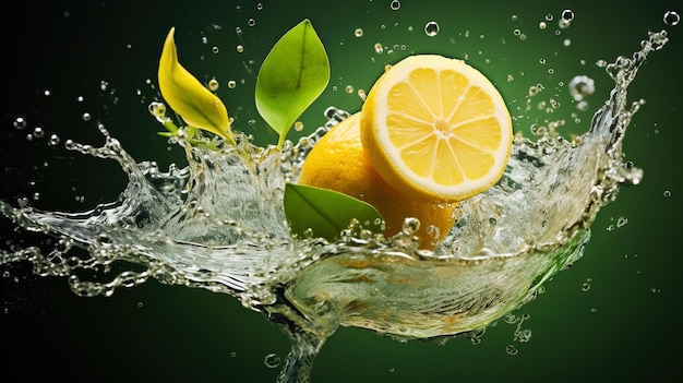 Limone fresco con spruzzi d'acqua su sfondo scuro AI generativa