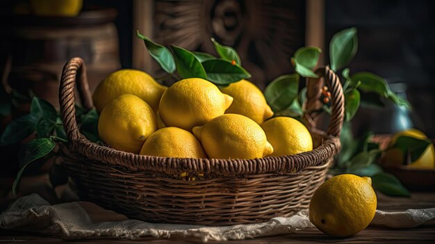 Limone fresco in un cesto di bambù con sfondo sfocato