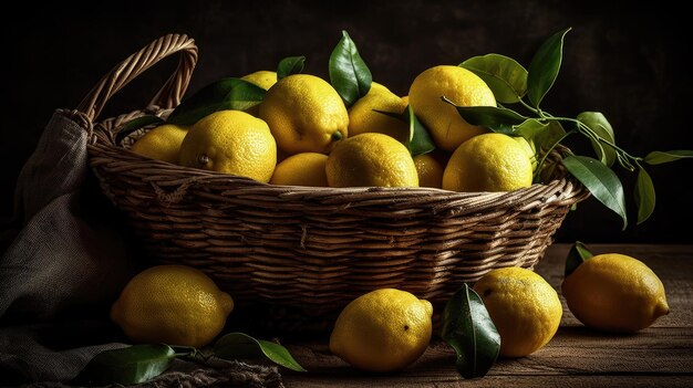 Limone fresco in un cesto di bambù con sfondo sfocato