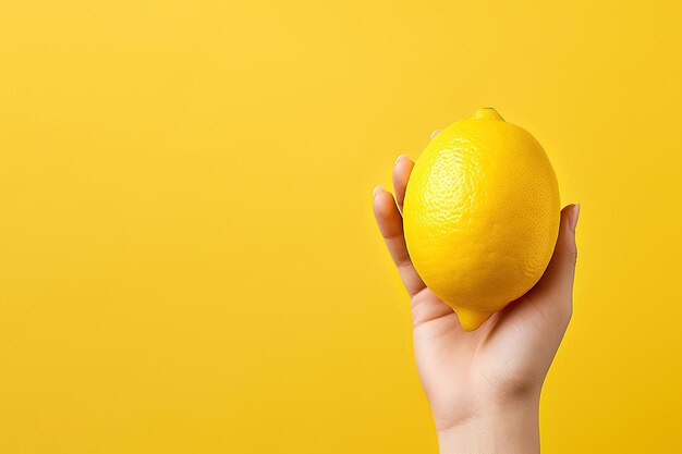 Limone in mano isolato su sfondo giallo con spazio per la copia