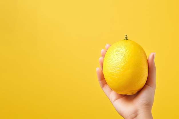 Limone in mano isolato su sfondo giallo con spazio per la copia