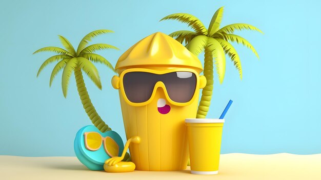 Limone in occhiali da sole su rendering 3D stilizzato di spiaggia sabbiosa con cestino giallo alla moda Behance 3D art