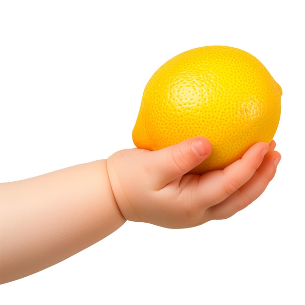 Limone nella mano di un bambino isolato su uno sfondo bianco o trasparente primo piano del limone nella mano laterale