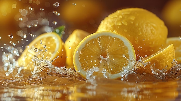 Limone succoso tagliato a pezzi il succo che ne scorre sullo sfondo giallo
