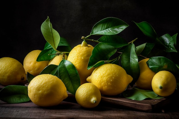 Limoni con foglie verdi su un vassoio di legno