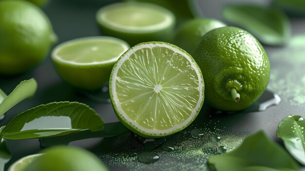 Limoni di agrumi freschi su uno sfondo di ardesia scura perfetti per cottura sana e concetti di bevande frutta verde vibrante fotografia alimentare AI