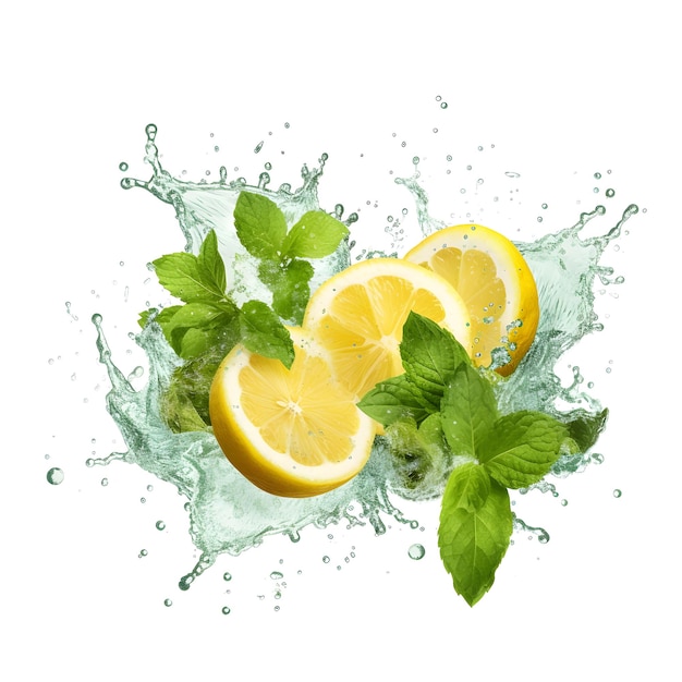 Limoni e foglie di menta schizzano nell'acqua.