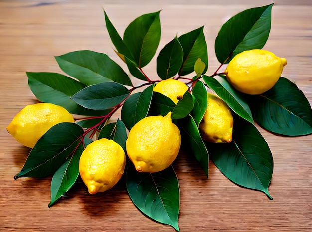 Limoni e foglie realistici ambientati in un accogliente ristorante dalle luci calde con una tavolozza di colori neutri altamente dettagliati e piano medio senza persone IA generativa generata