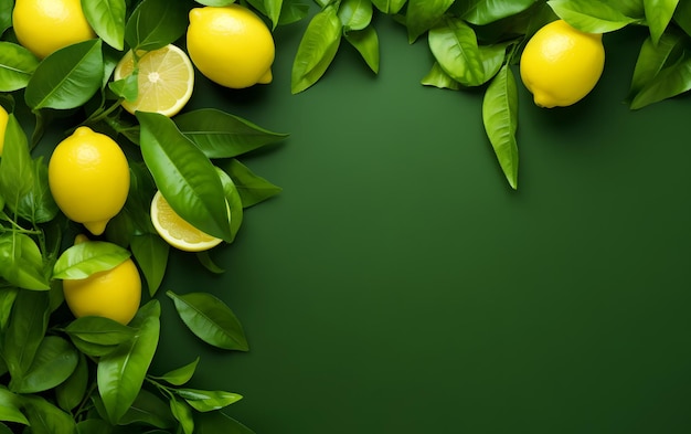 Limoni e limoni su sfondo verde con copia spazio