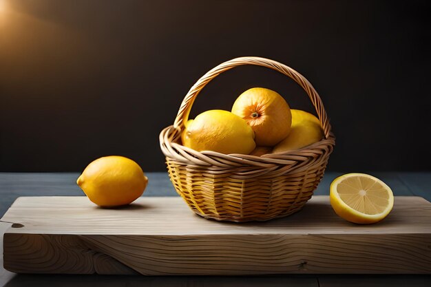 Limoni e limoni su un tavolo con una luce sullo sfondo.