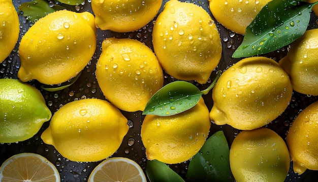 Limoni freschi e succosi con foglie gocce d'acqua agrumi gustosi e dolci