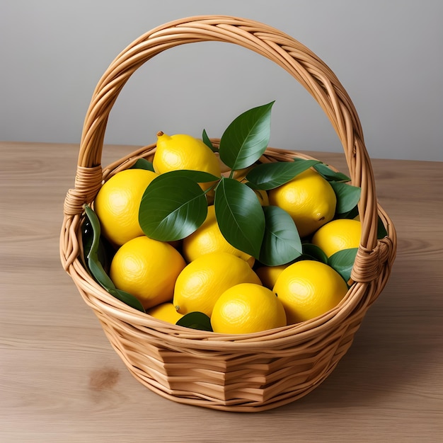 limoni gialli con fette di limone in un cestino sulla superficie di legno generato ali