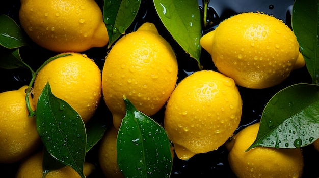 limoni gialli con gocce d'acqua e foglie