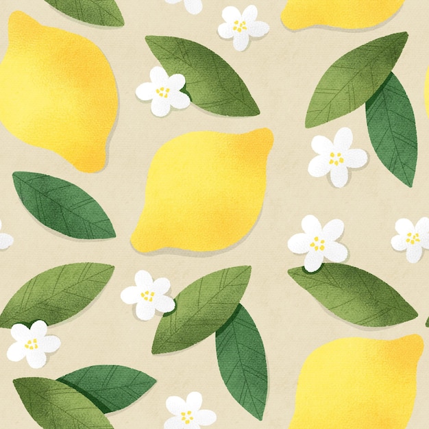 Limoni gialli e fiori bianchi motivo senza cuciture su sfondo beige Illustrazione botanica di limoni