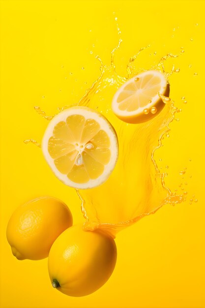 Limoni maturi con spruzzi di gocce d'acqua o succo su sfondo giallo IA generativa 8