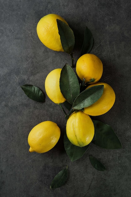 Limoni maturi su uno sfondo di pietra scura, cornice orizzontale. Disposizione di succosi agrumi con copia spazio