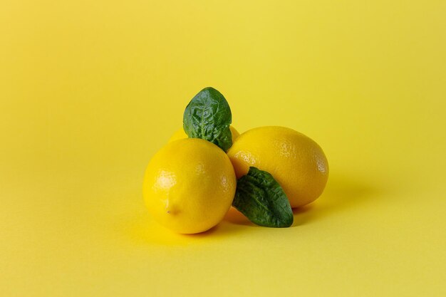 Limoni maturi succosi foglie arancioni e verdi su sfondo giallo brillante Limone frutta agrumi concetto minimo vitamina C Sfondo minimalista estate creativa Vista dall'alto piatta spazio copia