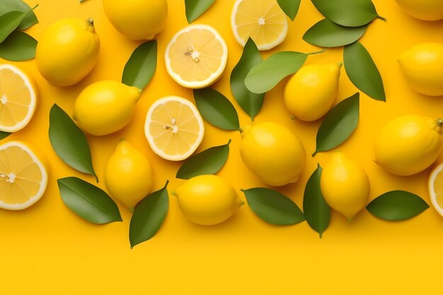 Limoni su sfondo giallo con foglie e foglie.