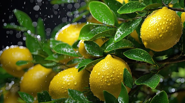 Limoni su un albero con gocce d'acqua su di essi
