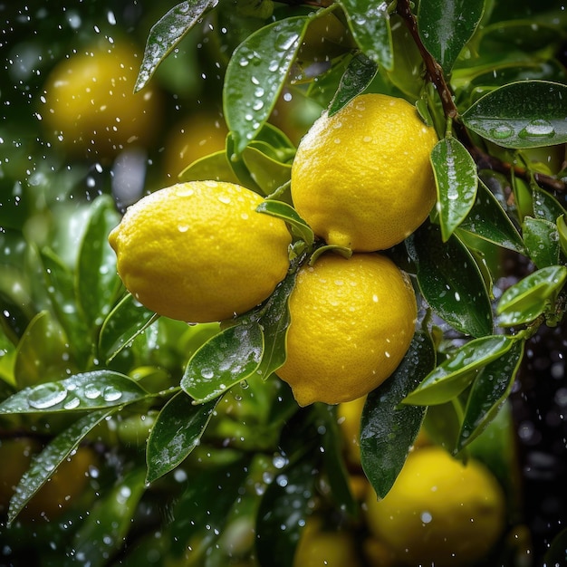 Limoni su un albero con gocce di pioggia su di essi