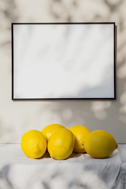 Limoni sul tavolo con cornice d'arte sul muro con ombre