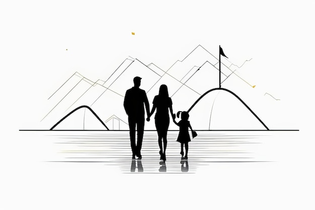 Line Art continuo Ritratto di famiglia felice con genitori e bambina in schizzo vettoriale