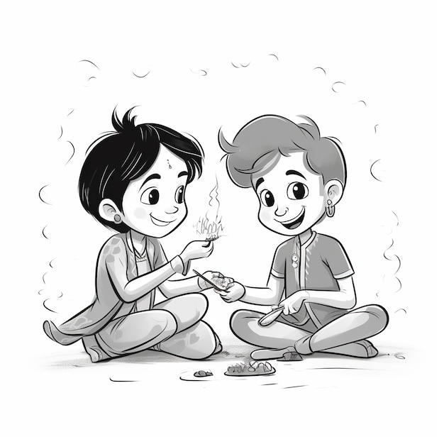 Line art drawing for happy diwali concept Cartoon bambini che giocano a cracker ai Generato