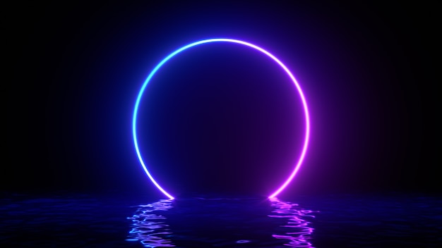 Linea ad anello cerchio viola al neon incandescente con riflessi sull'acqua, luci, onde astratte sfondo vintage, ultravioletto, colori vibranti dello spettro, spettacolo laser. Illustrazione di rendering 3D